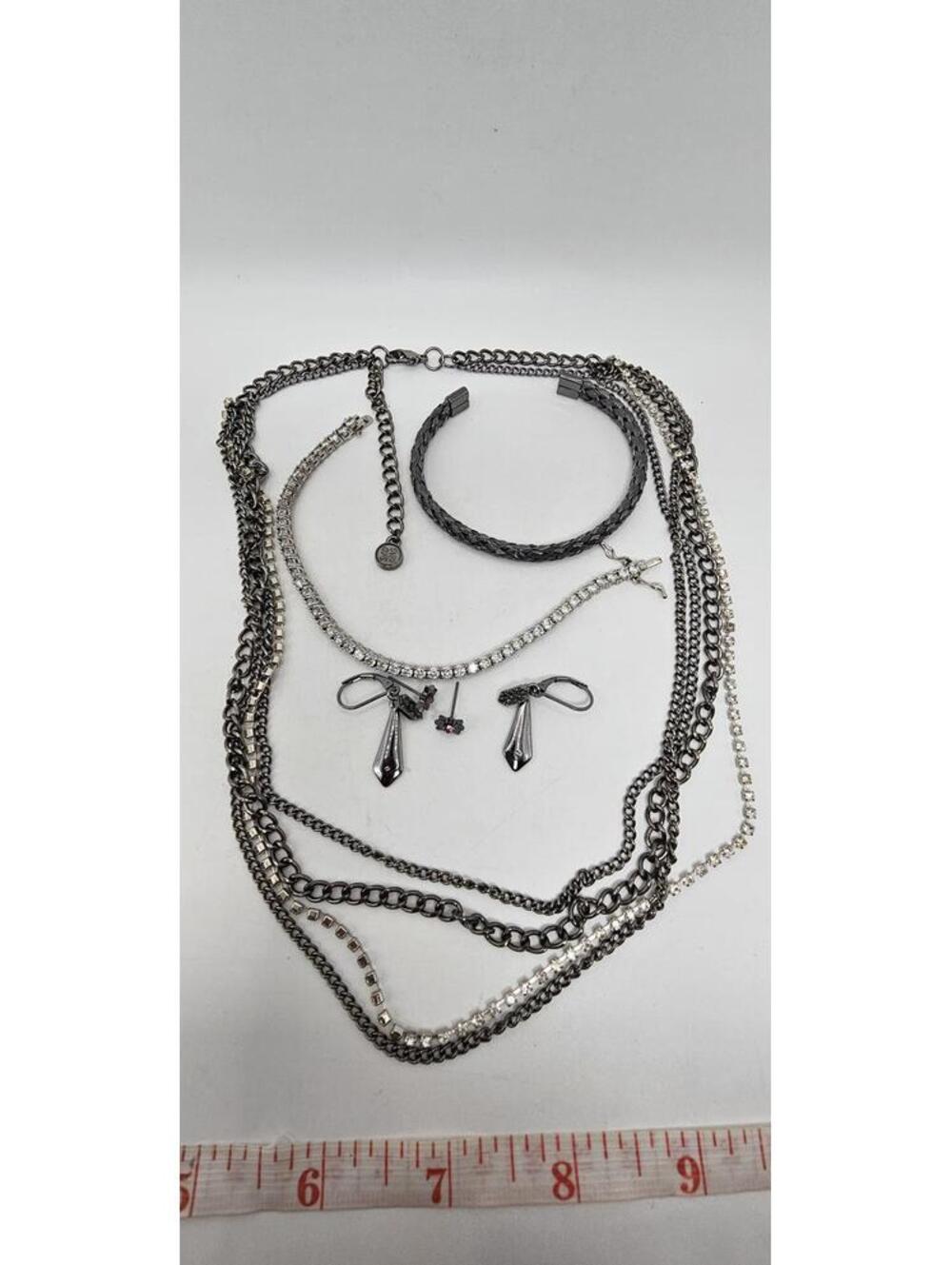 Edgy Gunmetal Industrial 4 Chain Necklace, 2 Bracelets, 2 Pair Earrings